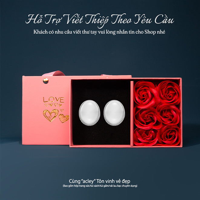 Bông tai nụ bạc S925 đá mã não chalcedony dáng oval