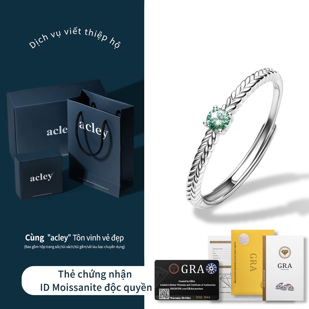 Nhẫn bạc S925 đính đá Moissanite xanh dáng xoắn