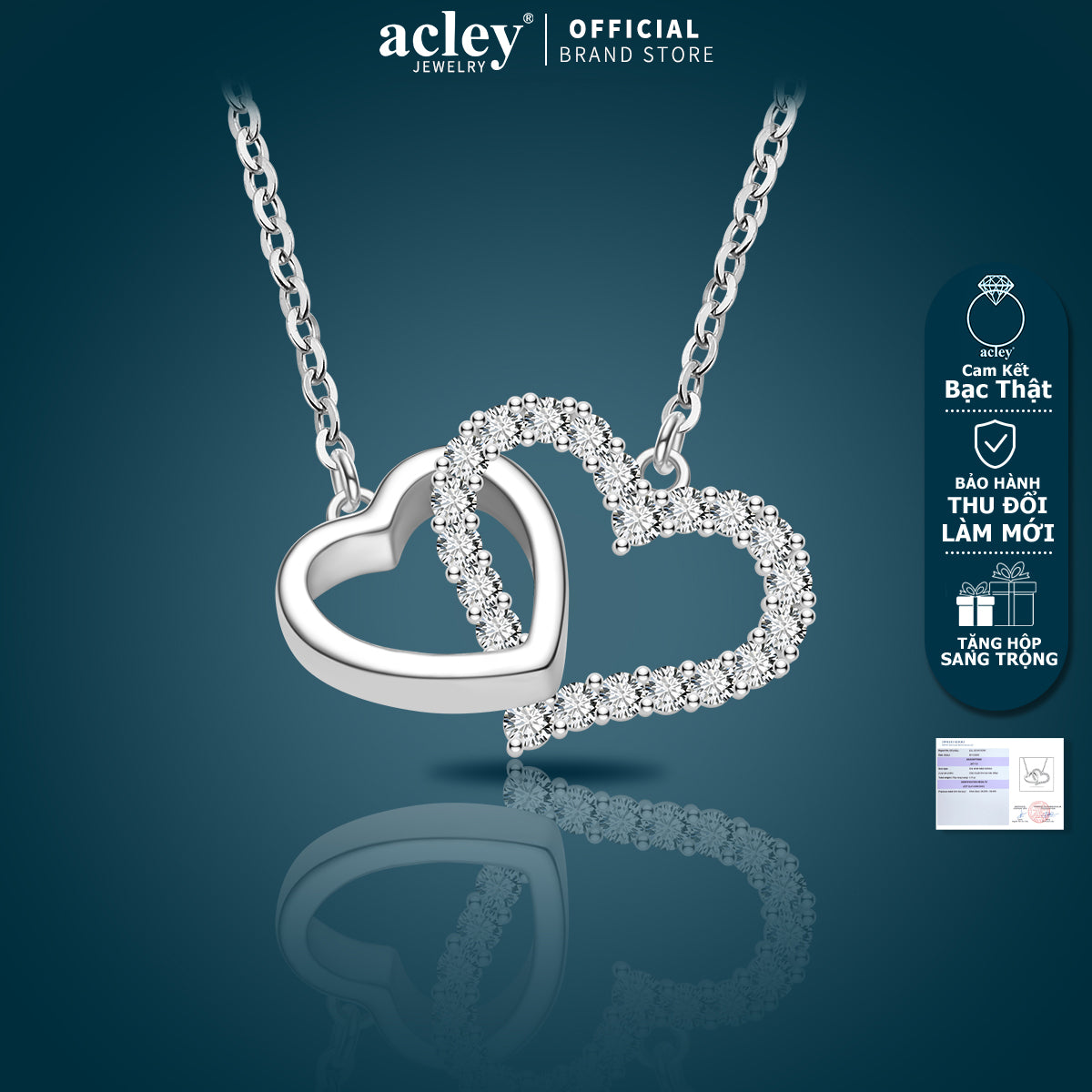 Dây chuyền bạc S925 hình trái tim đôi đính đá zircon 5A