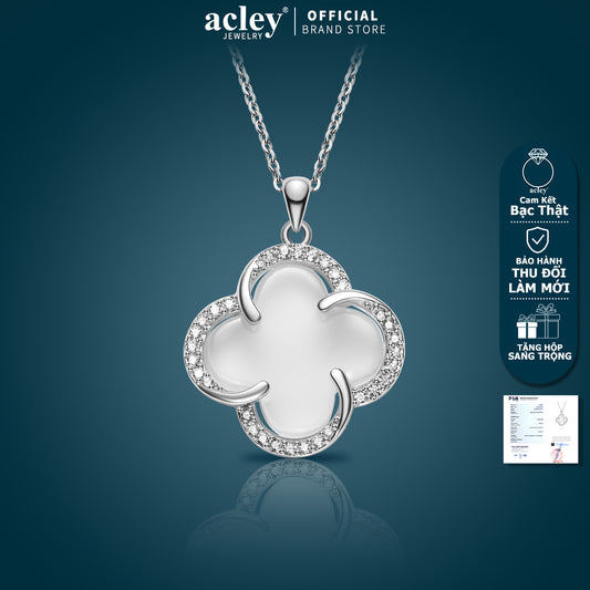Dây chuyền bạc S925 cỏ bốn lá đá mã não chalcedony
