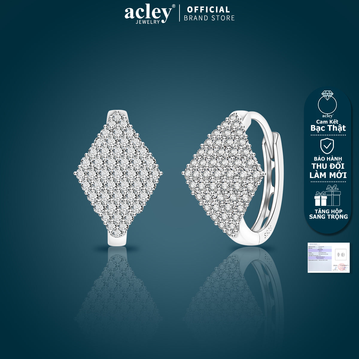 Bông tai vòng bạc S925 hình thoi đính đá zircon 5A