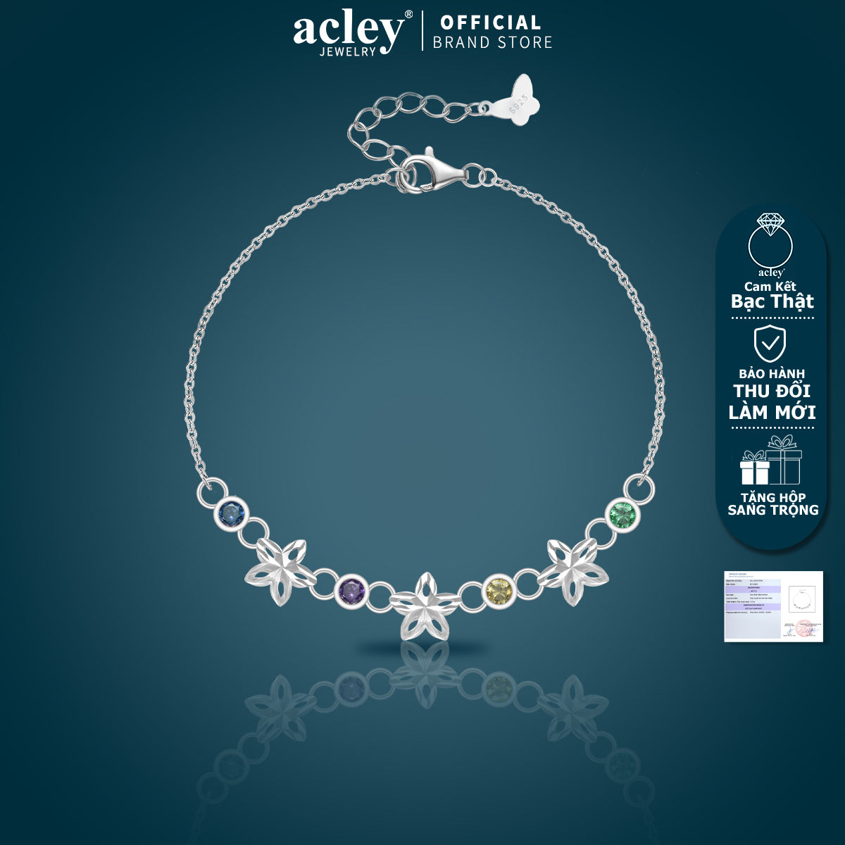 Lắc tay bạc S925 hình hoa đính đá zircon 5A nhiều màu
