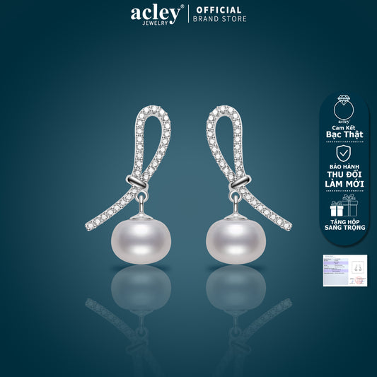 Bông tai bạc S925 ngọc trai nước ngọt đính đá zircon 5A dáng nơ