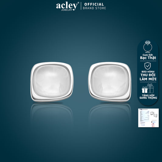 Bông tai nụ bạc S925 đá mã não chalcedony dáng vuông bo góc