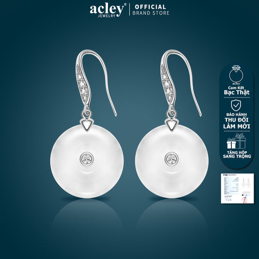 Bông tai móc bạc S925 đá mã não chalcedony dáng đồng xu