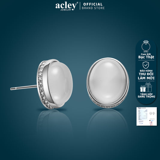 Bông tai nụ bạc S925 đá mã não chalcedony dáng oval