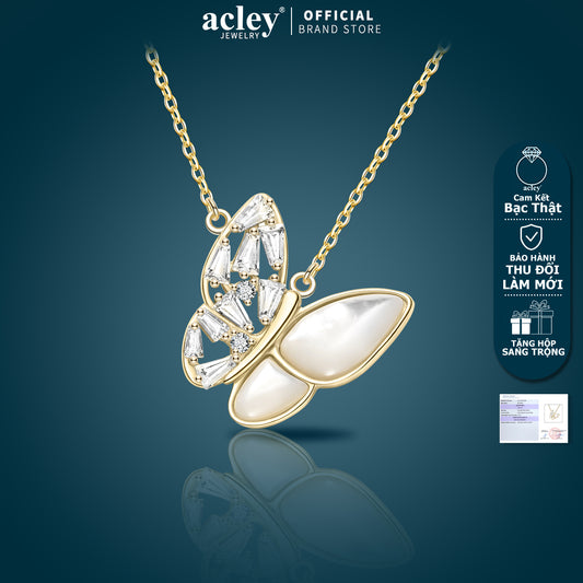 Dây chuyền bạc S925 hình bướm xà cừ trắng đính đá zircon 5A