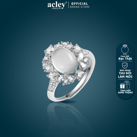 Nhẫn bạc S925 đá mã não chalcedony đính zircon 5A dáng hoa