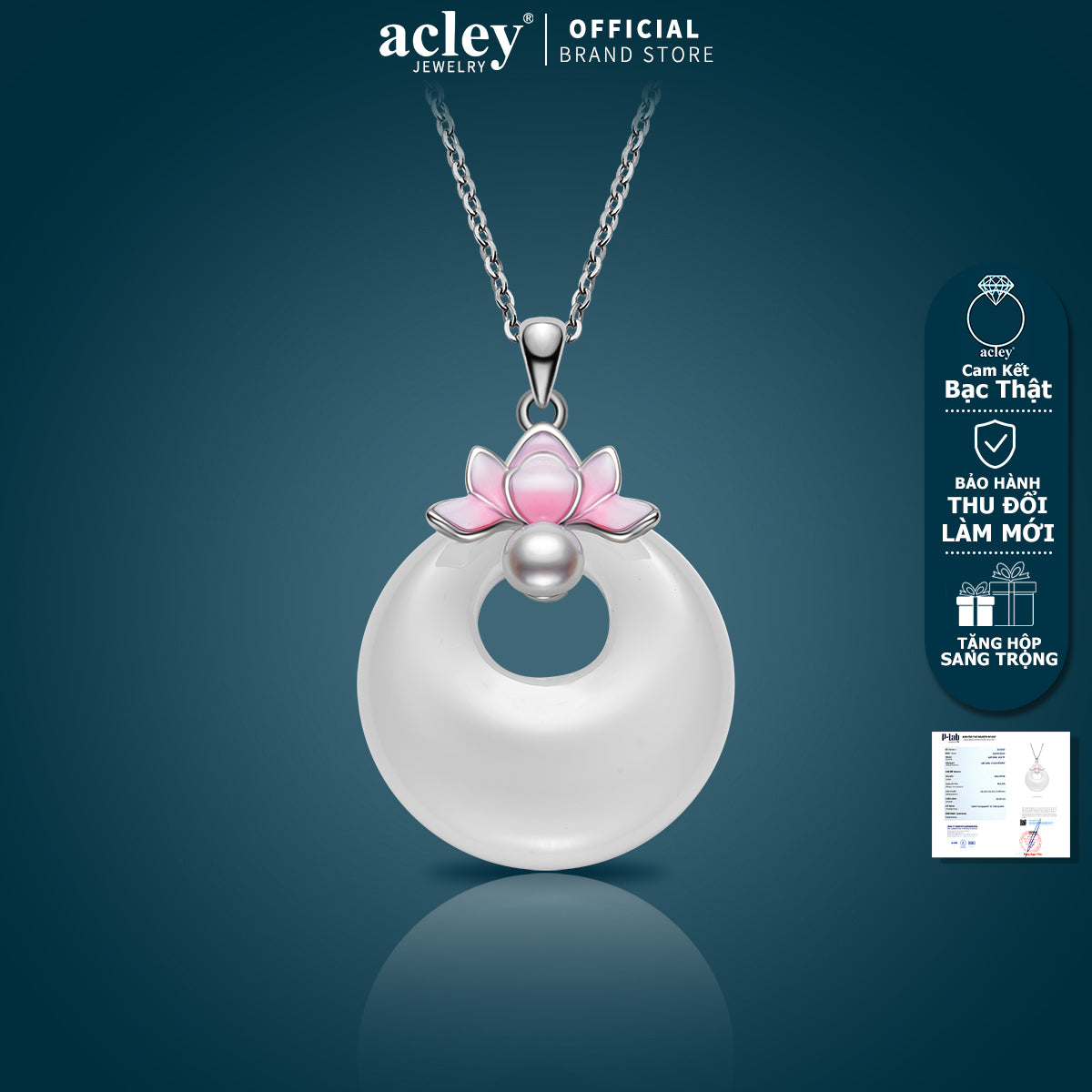 Dây chuyền bạc S925 mặt tròn đá mã não chalcedony hoa sen ngọc trai nước ngọt