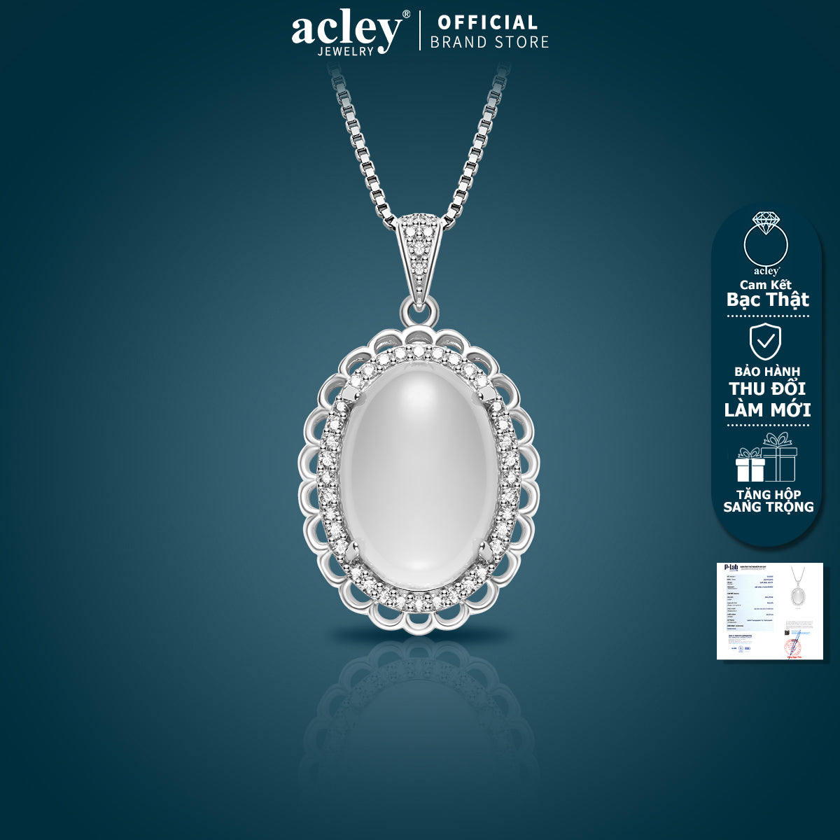 Dây chuyền bạc S925 mặt oval đá mã não chalcedony viền bi