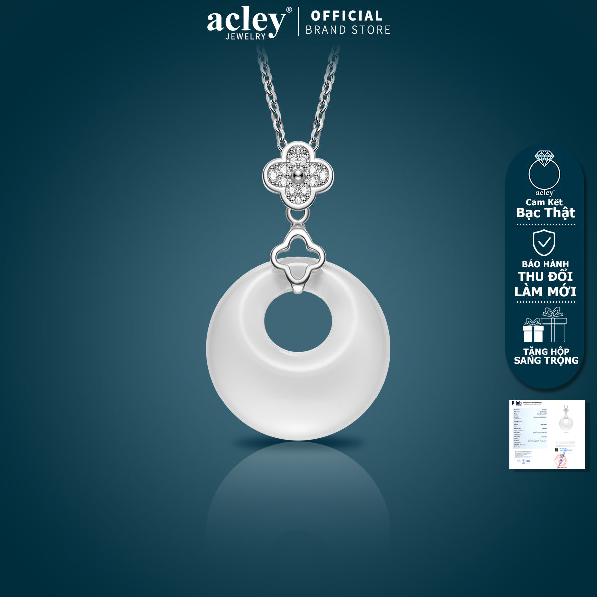 Dây chuyền bạc S925 mặt đồng điếu đá mã não chalcedony cỏ bốn lá