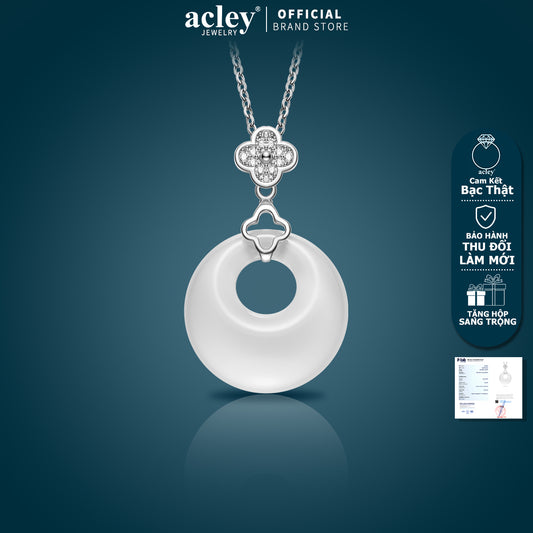 Dây chuyền bạc S925 mặt đồng điếu đá mã não chalcedony cỏ bốn lá