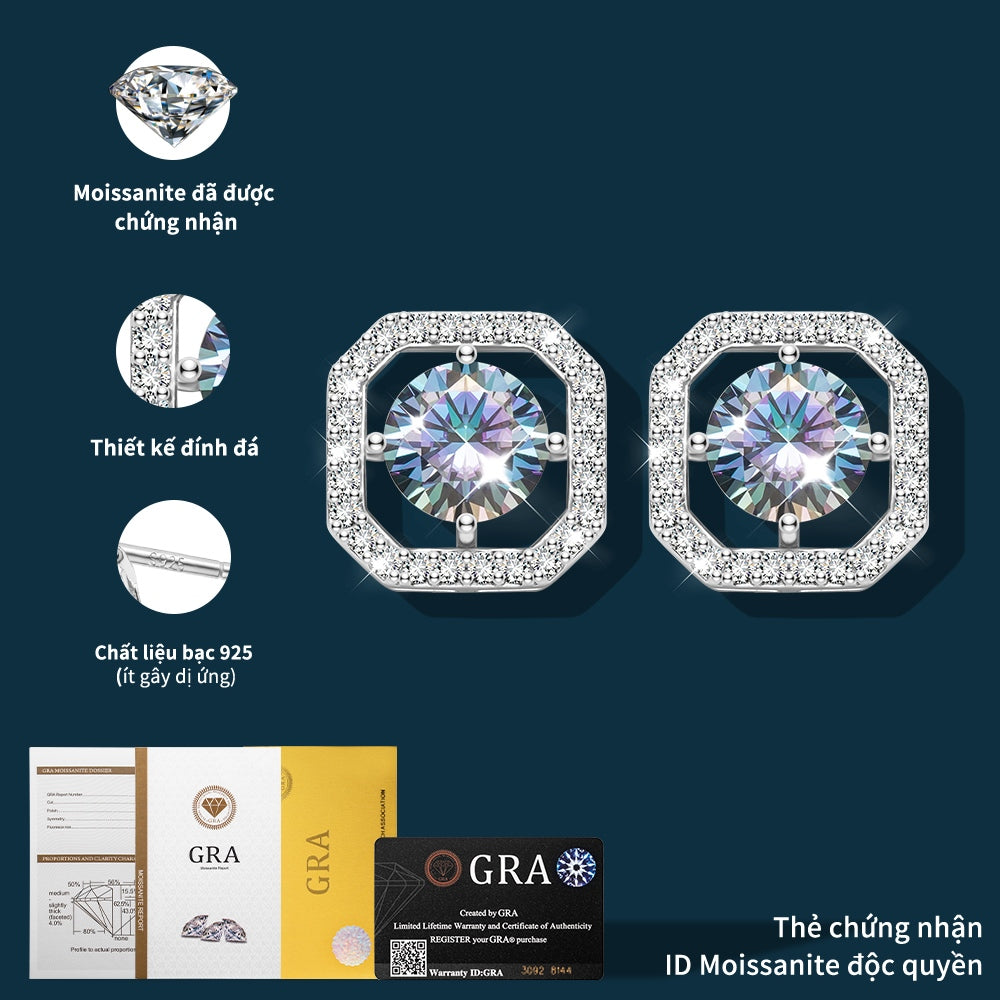 Bông tai bạc S925 đính đá moissanite dáng bát giác
