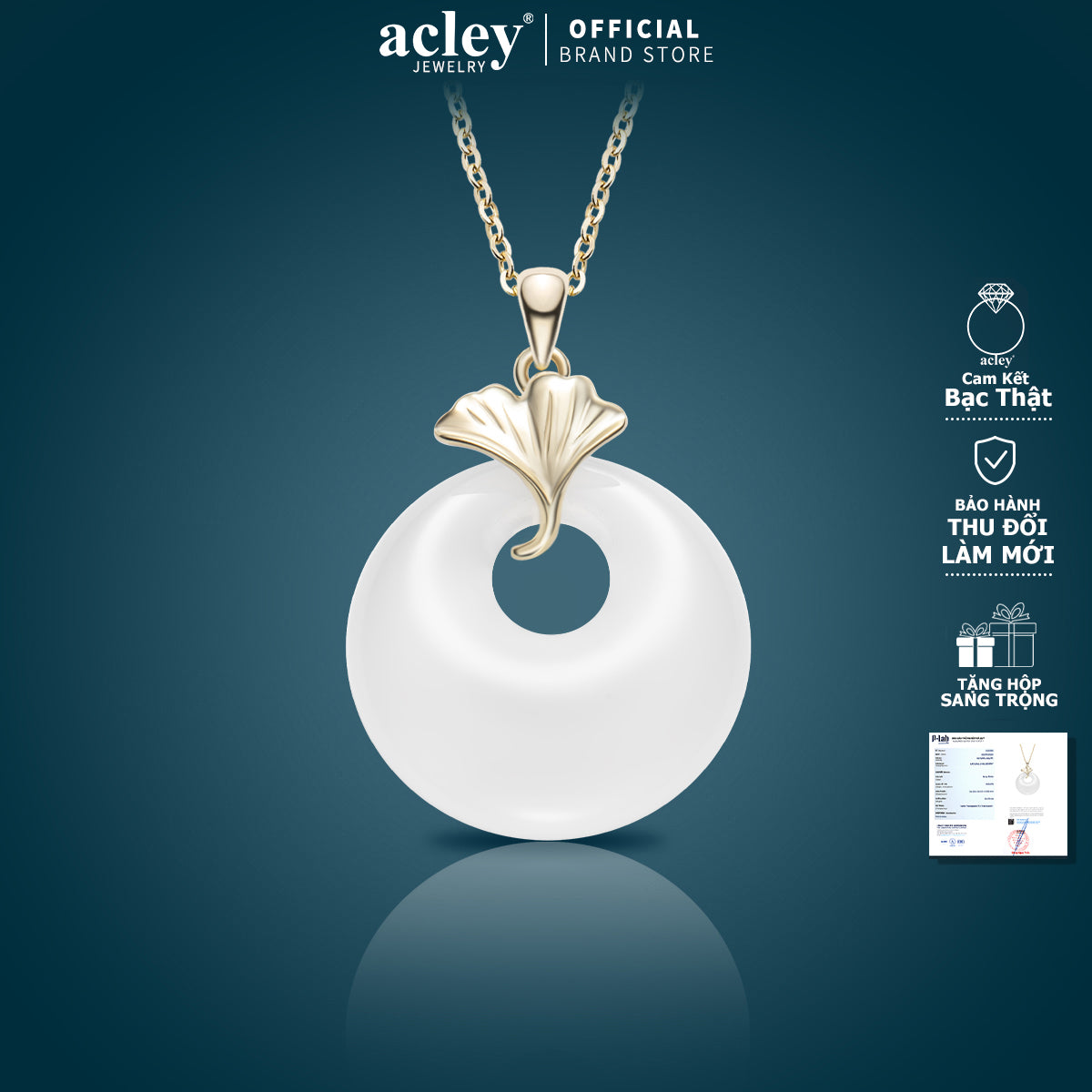 Dây chuyền bạc S925 mặt đồng điếu đá mã não chalcedony lá bạch quả