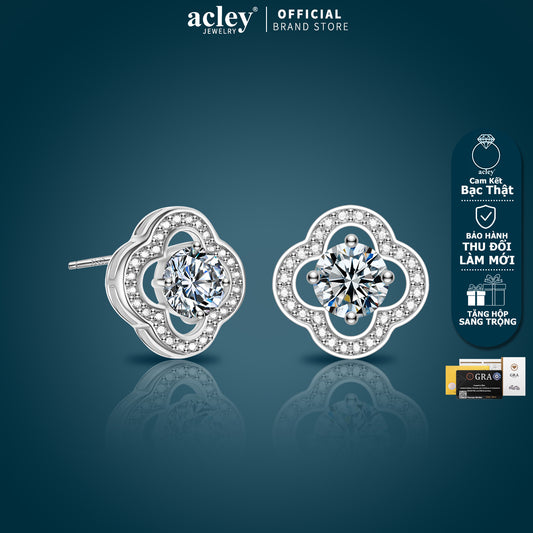 Bông tai bạc S925 cỏ bốn lá đính đá moissanite