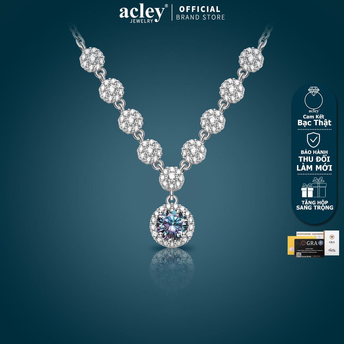 Dây chuyền bạc S925 đính moissanite tròn treo sang trọng