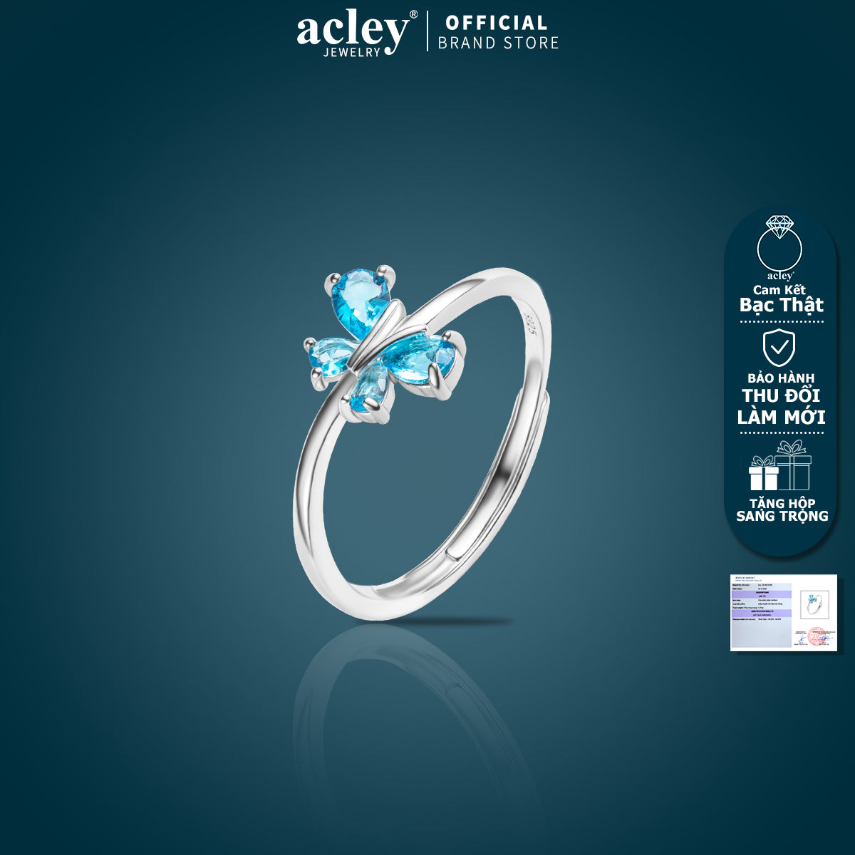 Nhẫn bạc S925 hình bướm đính đá zircon 5A màu xanh