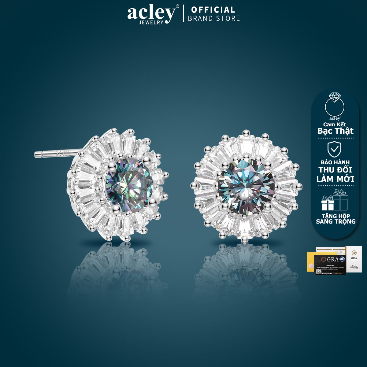 Bông tai bạc S925 đính đá Moissanite dáng tròn halo sang trọng