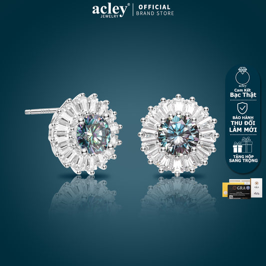 Bông tai bạc S925 đính đá Moissanite dáng tròn halo sang trọng