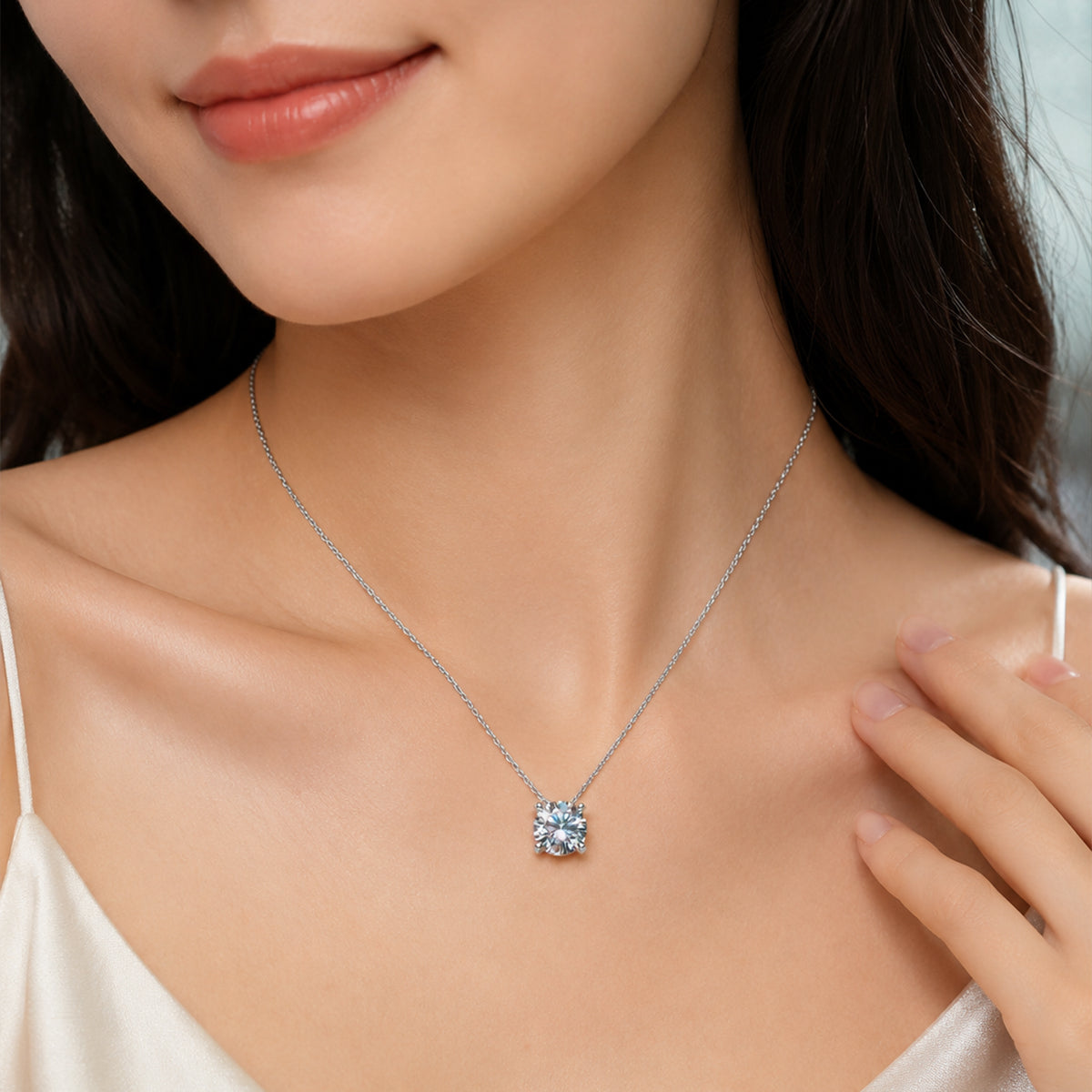 Dây chuyền bạc S925 đính đá Moissanite viên tròn bốn chấu