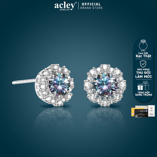 Bông tai bạc S925 đính đá Moissanite dáng hoa tròn