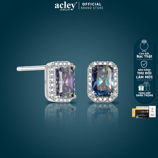 Bông tai bạc S925 đính đá Moissanite dáng chữ nhật halo