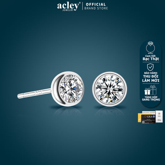 Bông tai nụ bạc S925 đính đá Moissanite bọc viền tròn