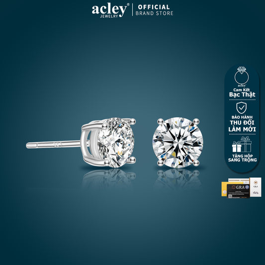 Bông tai bạc S925 đính đá moissanite dáng tròn 4 chấu