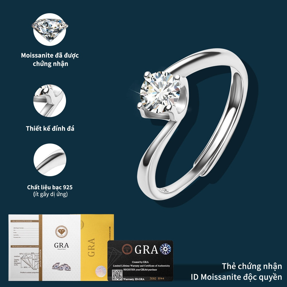 Nhẫn bạc S925 đính đá moissanite dáng xoắn thanh lịch