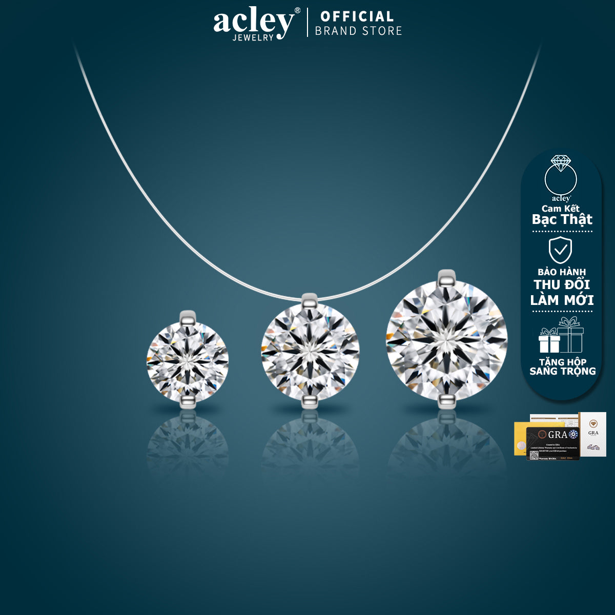 Dây chuyền bạc S925 đính 3 viên đá Moissanite tròn