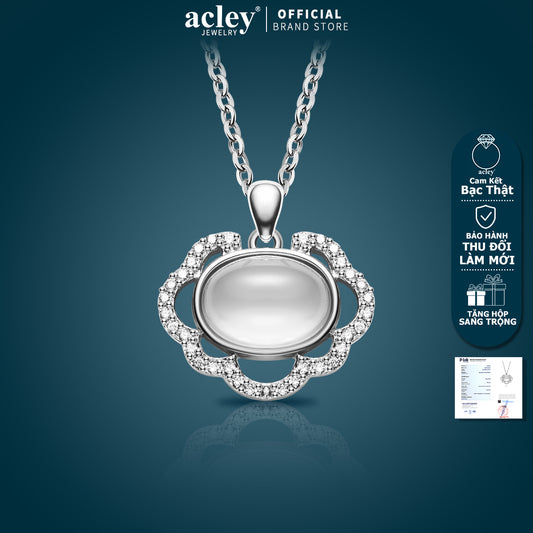 Dây chuyền bạc S925 mặt oval đá mã não chalcedony viền hoa