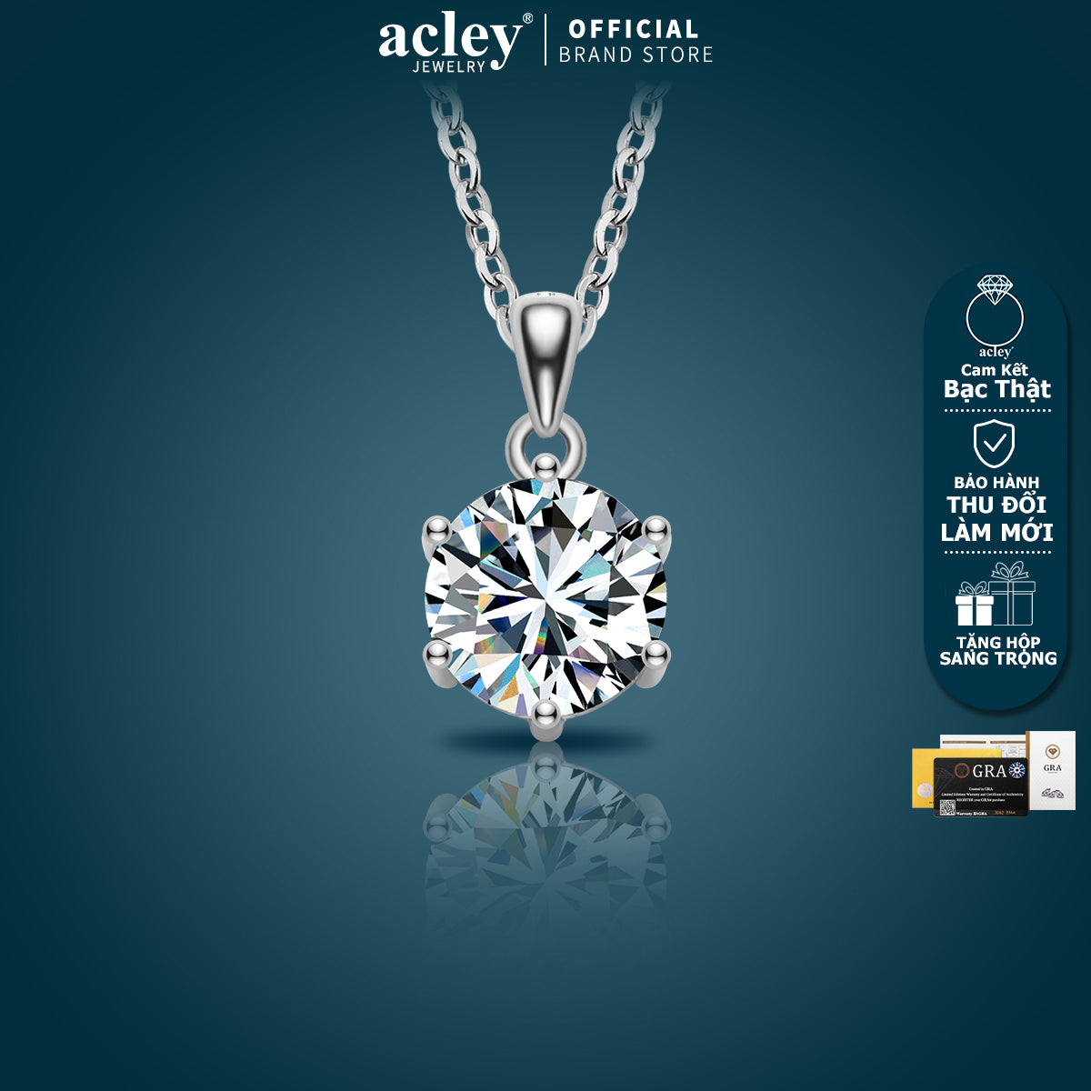 Dây chuyền bạc S925 đính đá Moissanite viên tròn 6 chấu