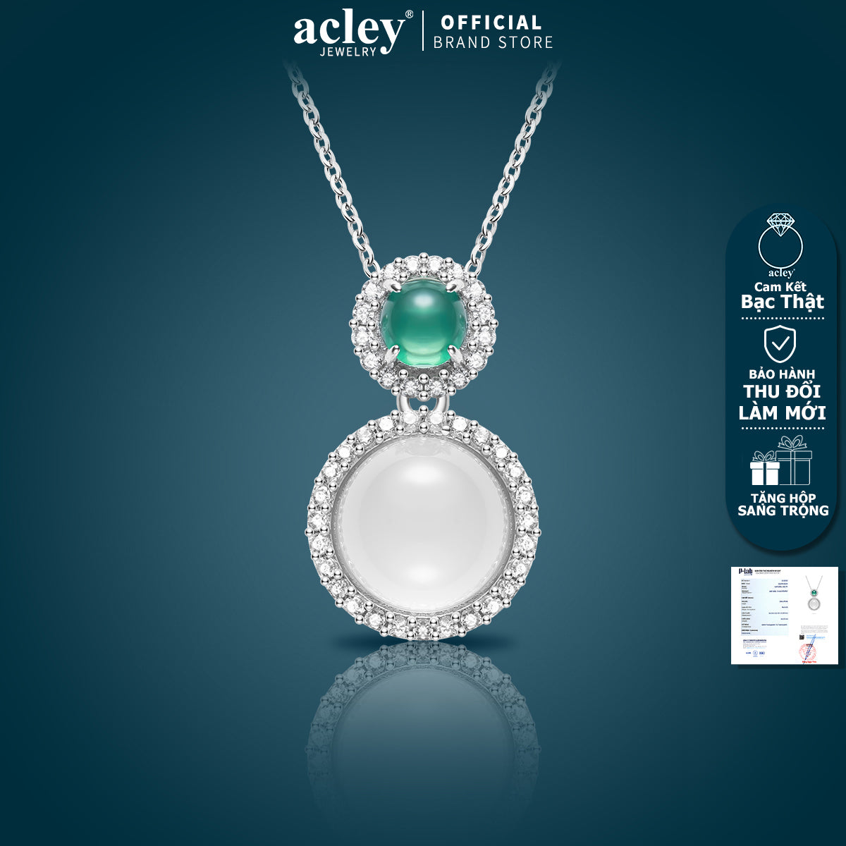 Dây chuyền bạc S925 mặt đá mã não chalcedony viền zircon 5A