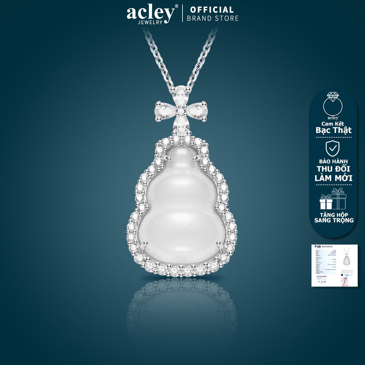 Dây chuyền bạc S925 mặt hồ lô thắt nơ đá mã não chalcedony zircon 5A