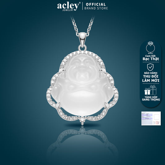 Dây chuyền bạc S925 mặt Phật Di Lặc đá chalcedony mã não viền zircon 5A