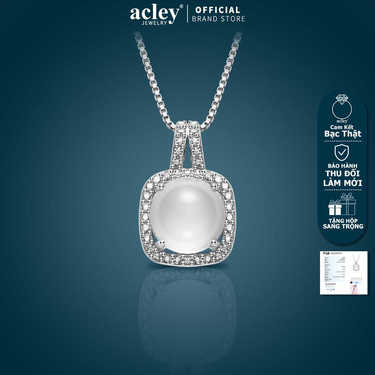 Dây chuyền bạc S925 mặt vuông bo góc đá mã não chalcedony viền zircon 5A