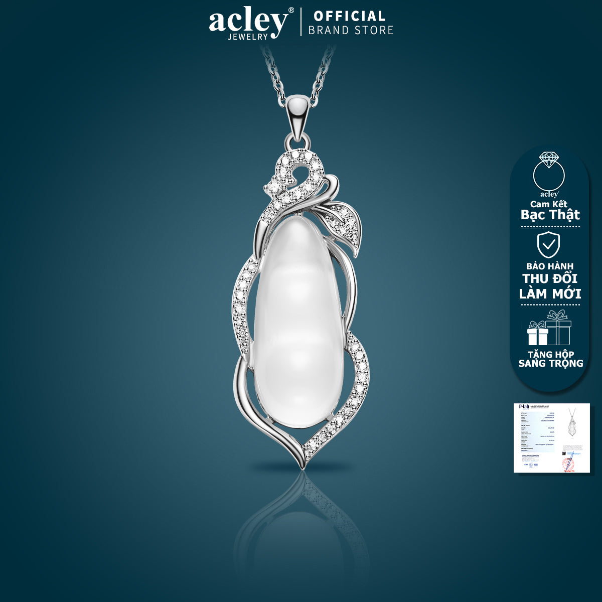 Dây chuyền bạc S925 mặt giọt nước dài đá mã não chalcedony viền zircon 5A