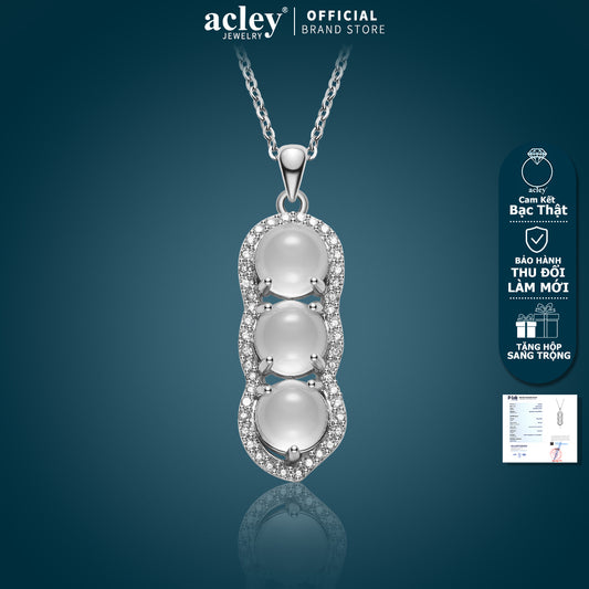 Dây chuyền bạc S925 mặt 3 viên đá mã não chalcedony viền zircon 5A
