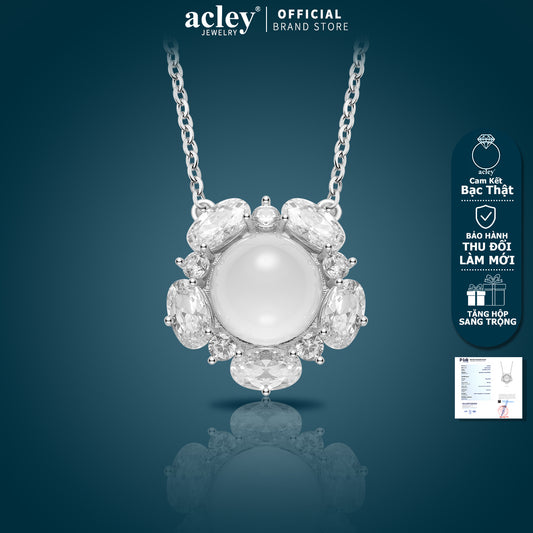 Dây chuyền bạc S925 mặt hoa đá mã não chalcedony viền zircon 5A