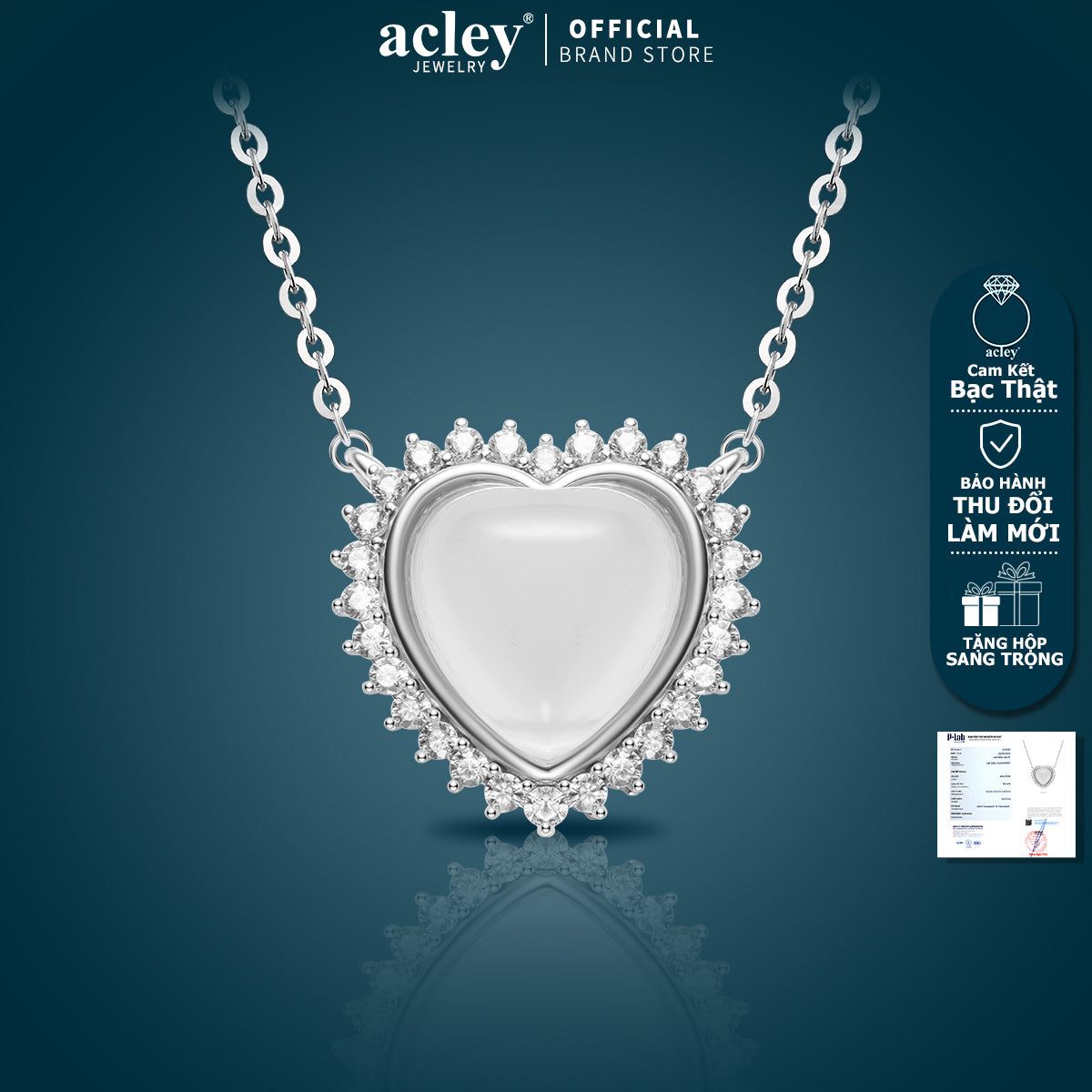 Dây chuyền bạc S925 mặt trái tim đá mã não chalcedony viền zircon 5A