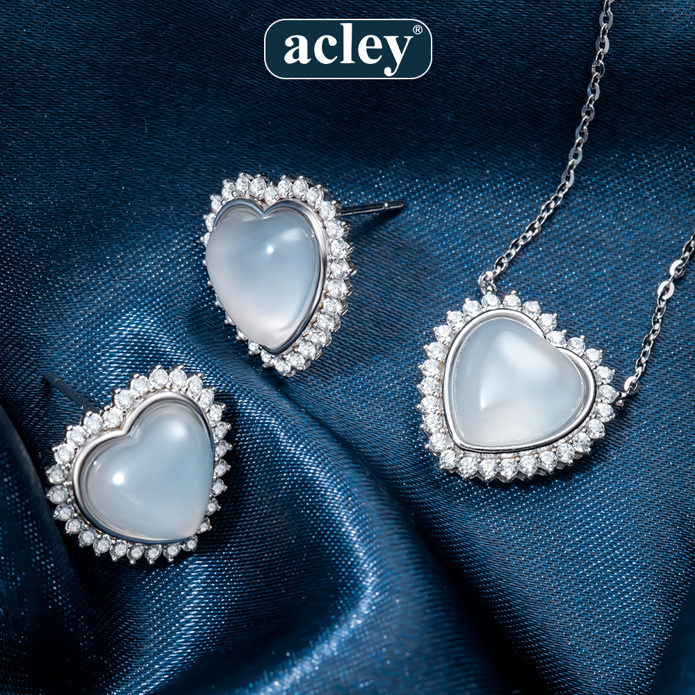 Dây chuyền bạc S925 mặt trái tim đá mã não chalcedony viền zircon 5A