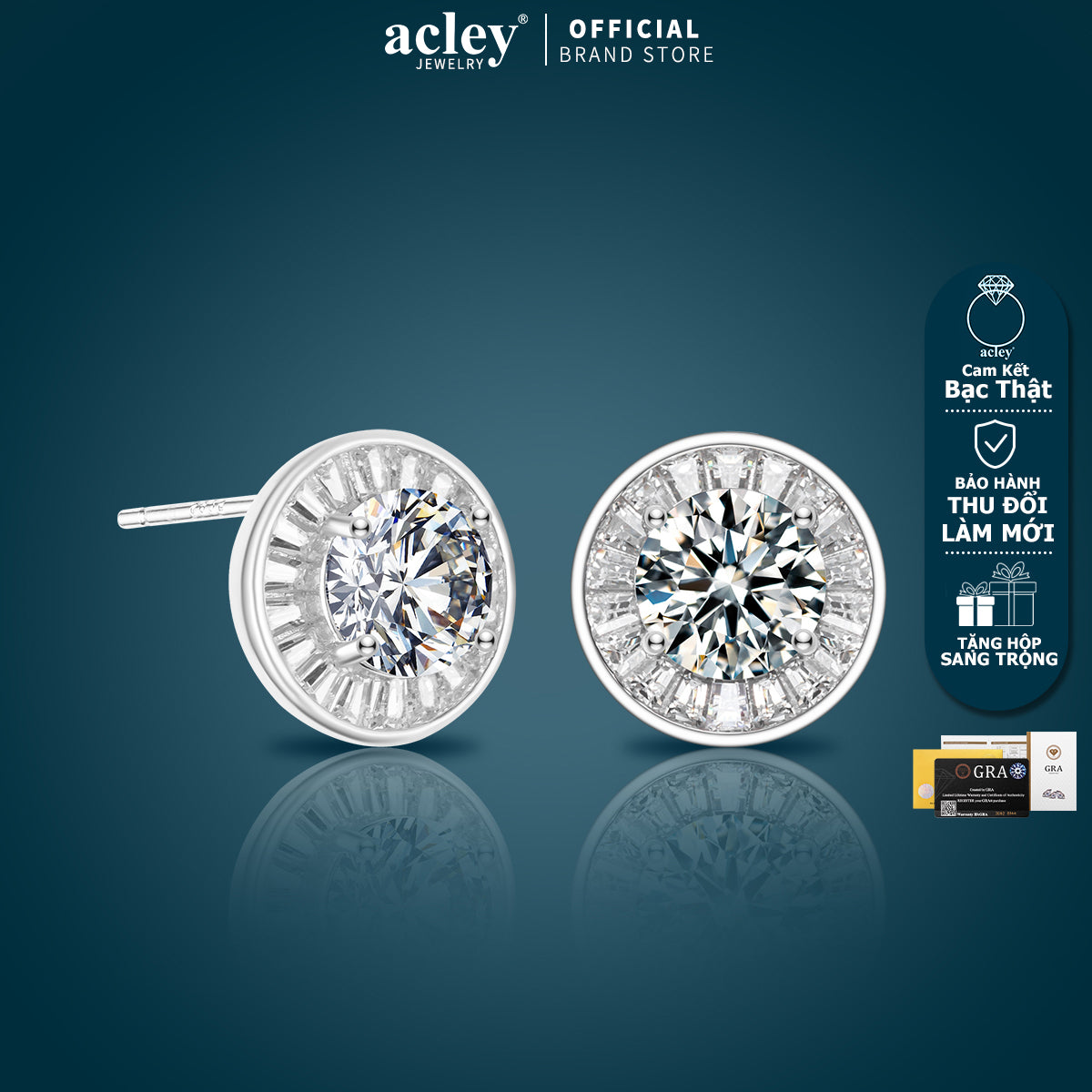 Bông tai bạc S925 đính đá Moissanite dáng tròn viền baguette