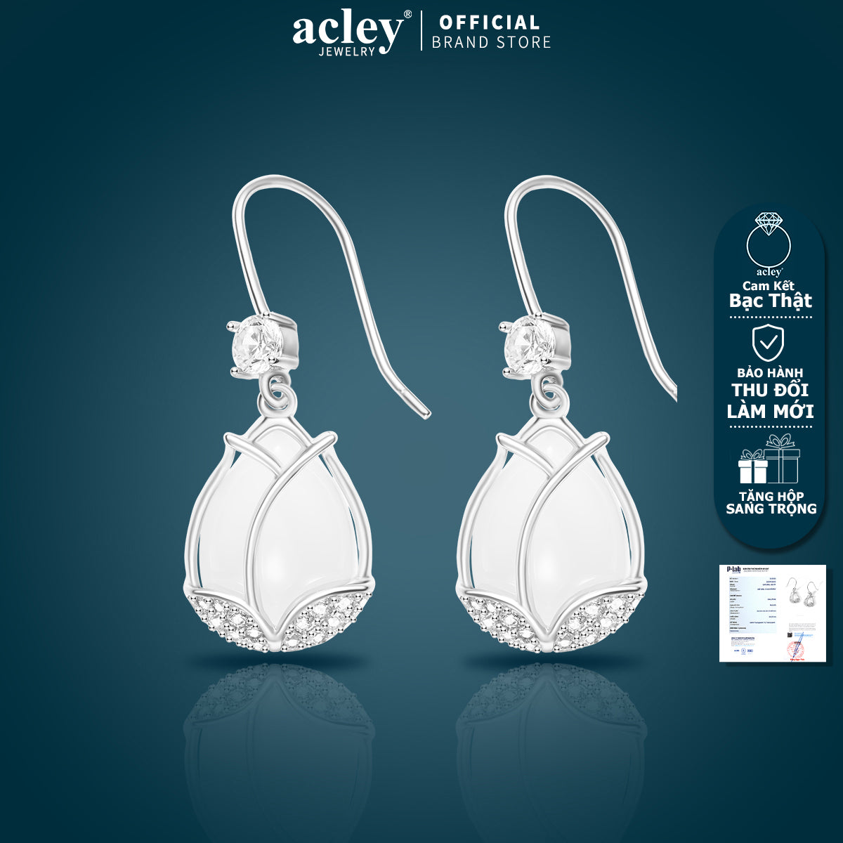 Bộ trang sức bạc S925 hoa tulip phối mã não trắng đính zircon 5A