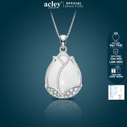 Bộ trang sức bạc S925 hoa tulip phối mã não trắng đính zircon 5A