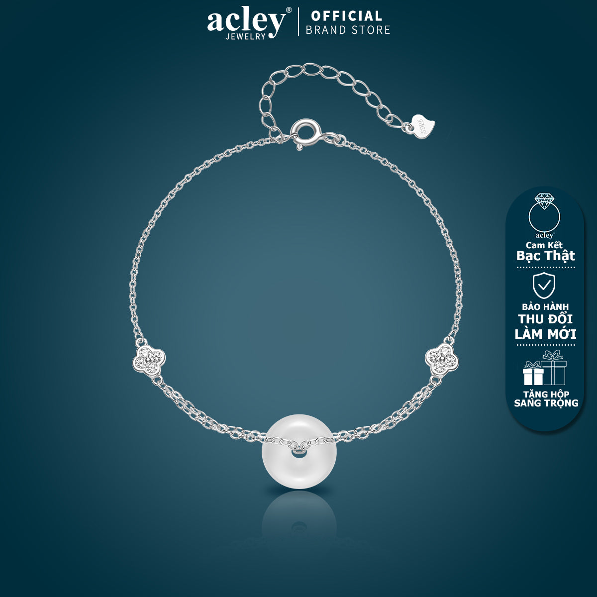 Lắc tay bạc S925 phối đá mã não chalcedony trắng điểm hoa