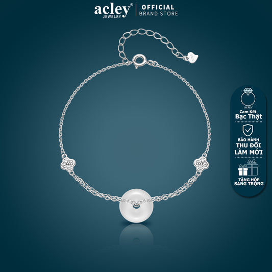 Lắc tay bạc S925 phối đá mã não chalcedony trắng điểm hoa