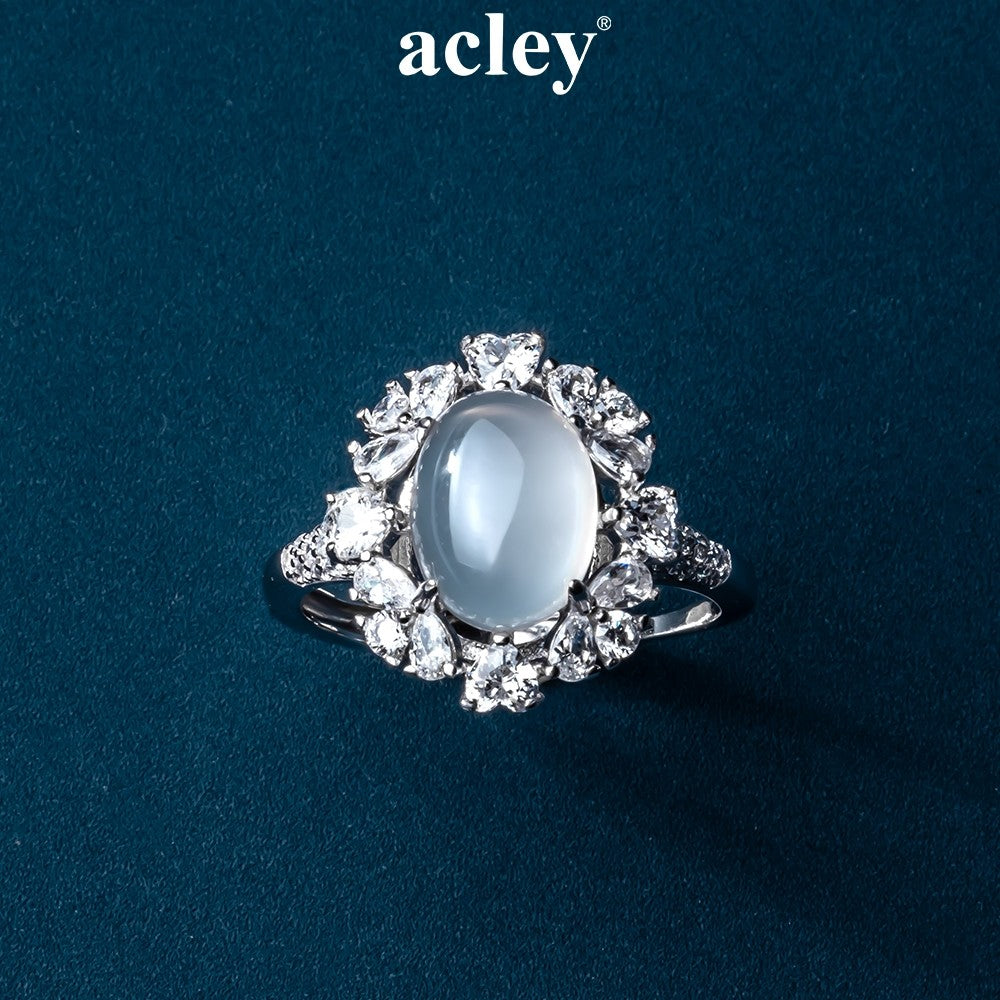 Nhẫn bạc S925 đá mã não chalcedony đính zircon 5A dáng hoa