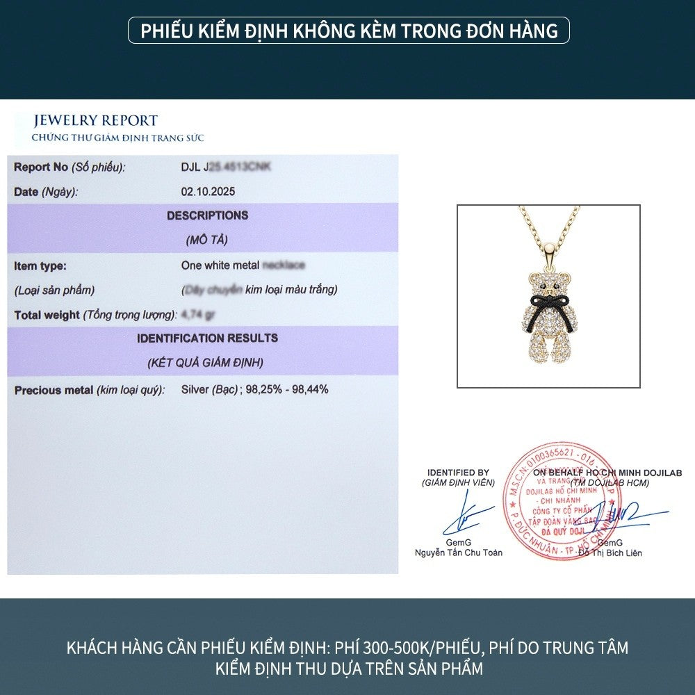 Dây chuyền bạc S925 hình gấu Teddy đính đá zircon 5A