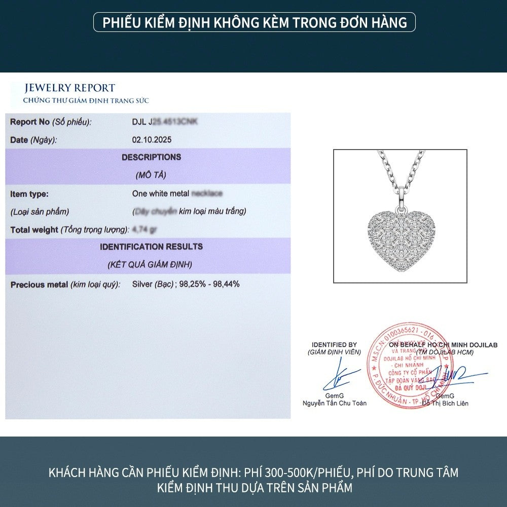 Dây chuyền bạc S925 hình trái tim đính đá zircon 5A