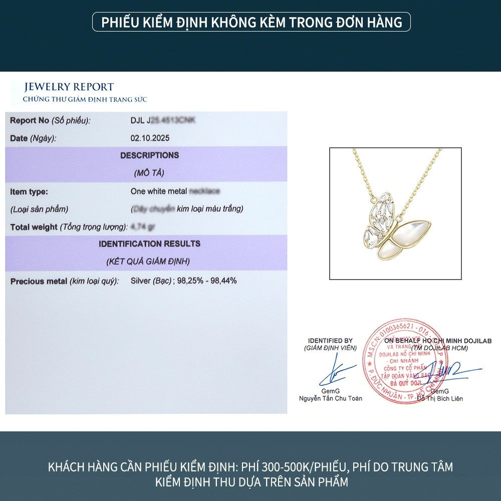 Dây chuyền bạc S925 hình bướm xà cừ trắng đính đá zircon 5A